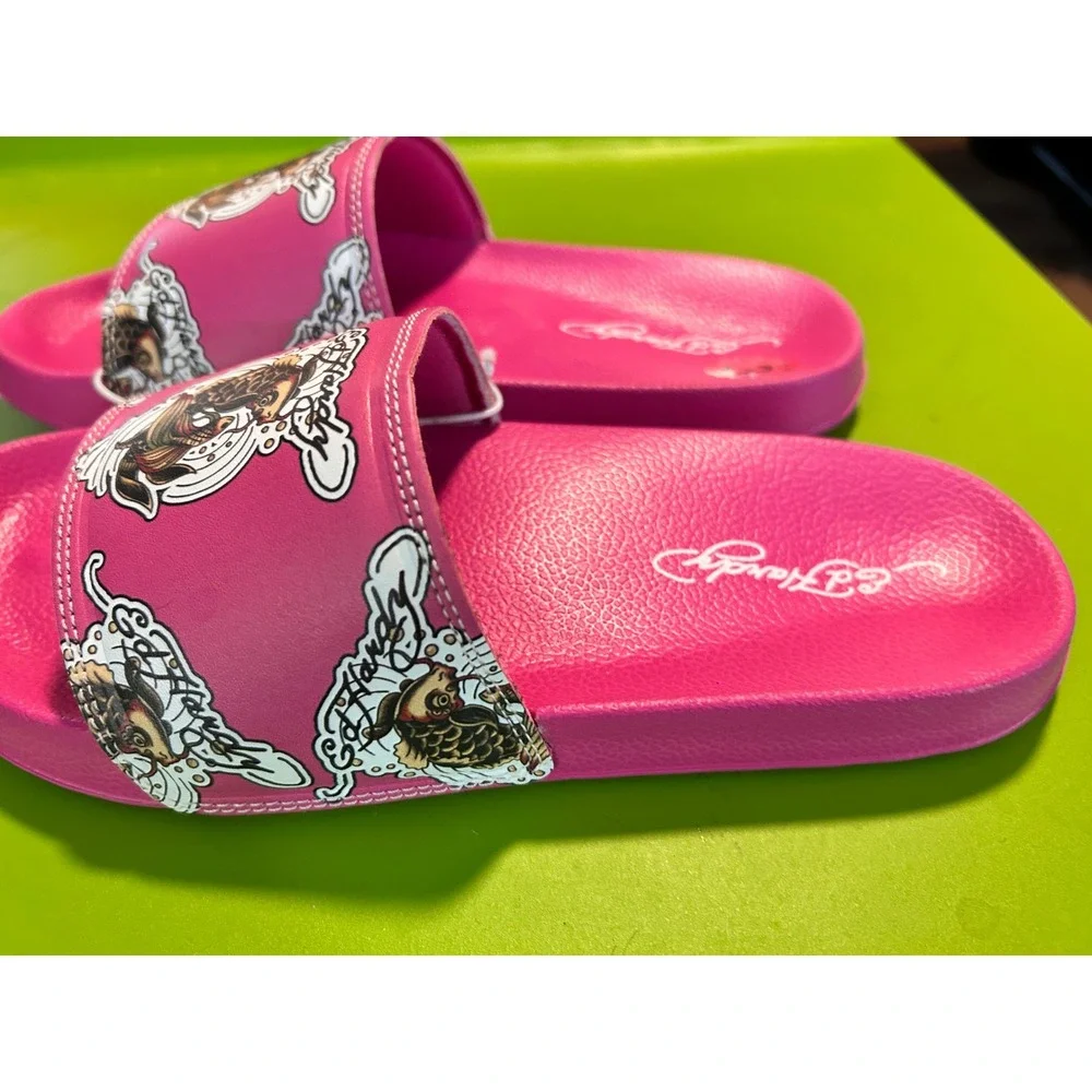 Ed‎ Hardy Pink Koi Fish Tattoo Graphic Slide Sandals Kids Size 3
